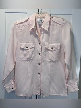 Vintage 100% Linen Carry Back Utility Button Front Long Sleeve Shirt Women’s 8